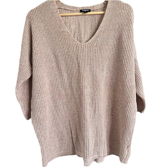 EXPRESS Beige Tan V-Neck Knit Sweater 100% Cotton size Large - Picture 1 of 9